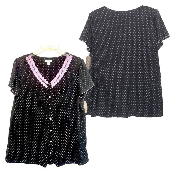 Short Sleeve Button Pajama Top Loungewear L Lace Trim Black Dark Cottage Girly - Picture 1 of 7